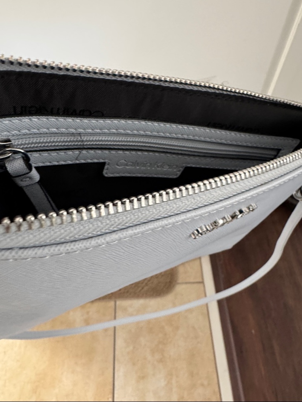 Calvin Klein Light Blue Saffiano Zip Pouch with Silver Logo - Picture 4 of 5